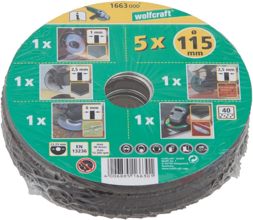 wolfcraft 1663000 Kit découverte de 5 Disques pour meuleuses ø 115 mm vert