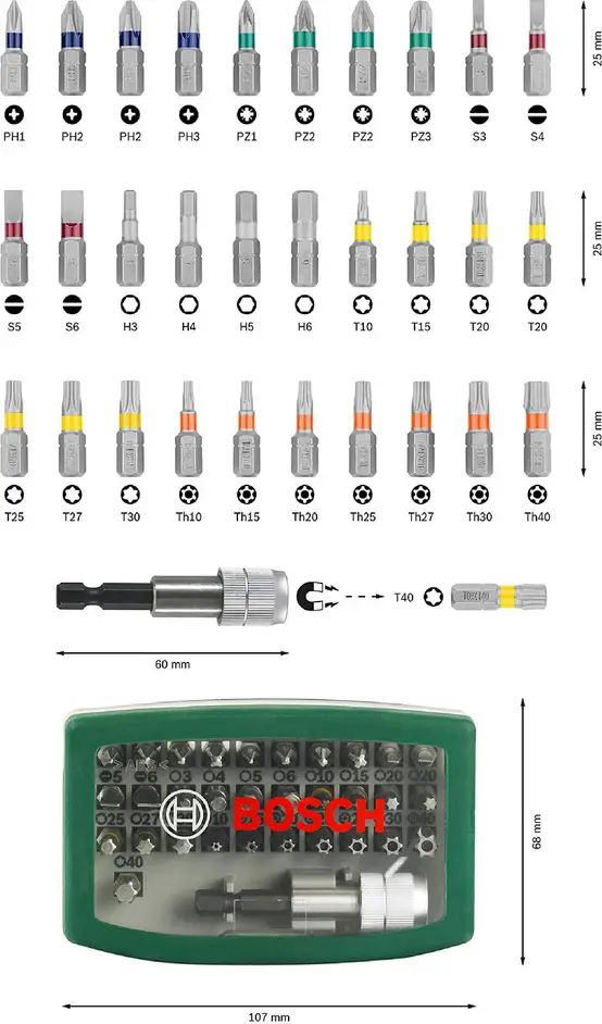 Coffret Bosch de 31 embouts de vissage courts avec porte-embout