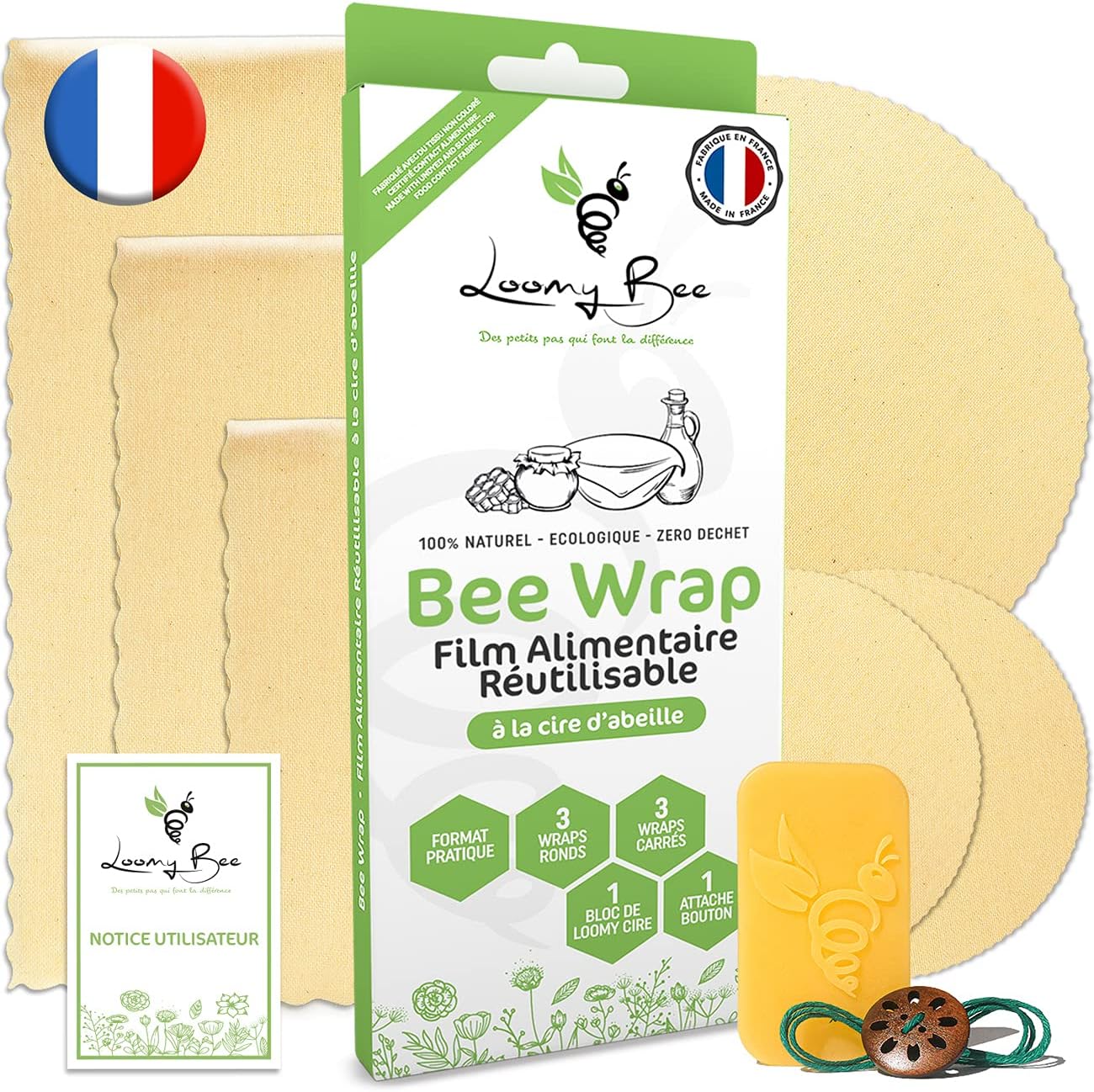 Emballage Cire d'abeille Réutilisable - Lot de 6 - Film Alimentaire 