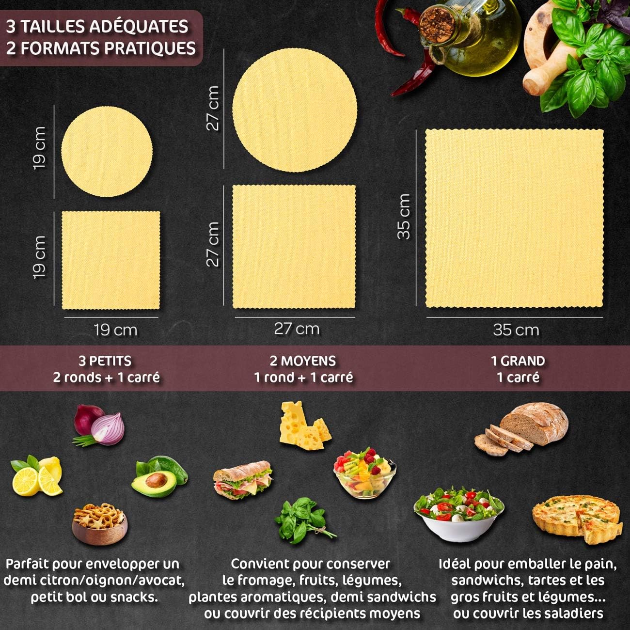 Emballage Cire d'abeille Réutilisable - Lot de 6 - Film Alimentaire 