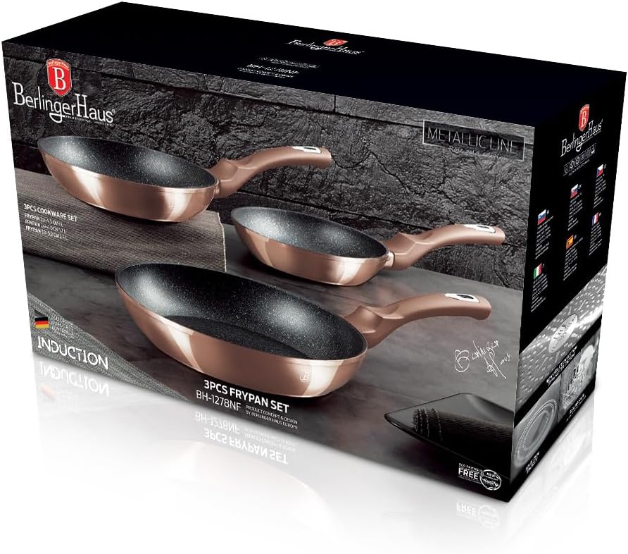 Berlinger Haus, Set de 3 Pièces Collection Rose Gold, en aluminium forgé, revêtement en marbre antiadhésif à 3 couches, Poignée ergonomique, Convient à tous les types de plaques de cuisson 