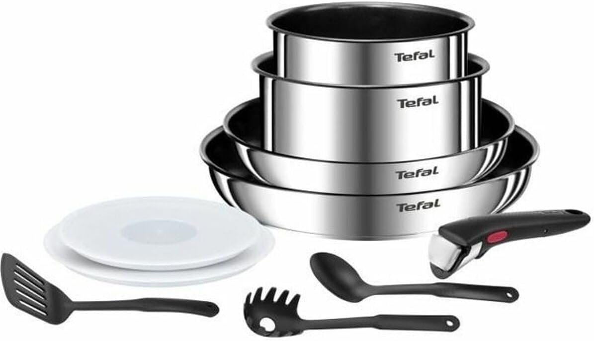 Tefal Ingenio Emotion Batterie de cuisine 10 pièces, Acier inoxydable, Empilable, Revêtement antiadhésif L897AS04