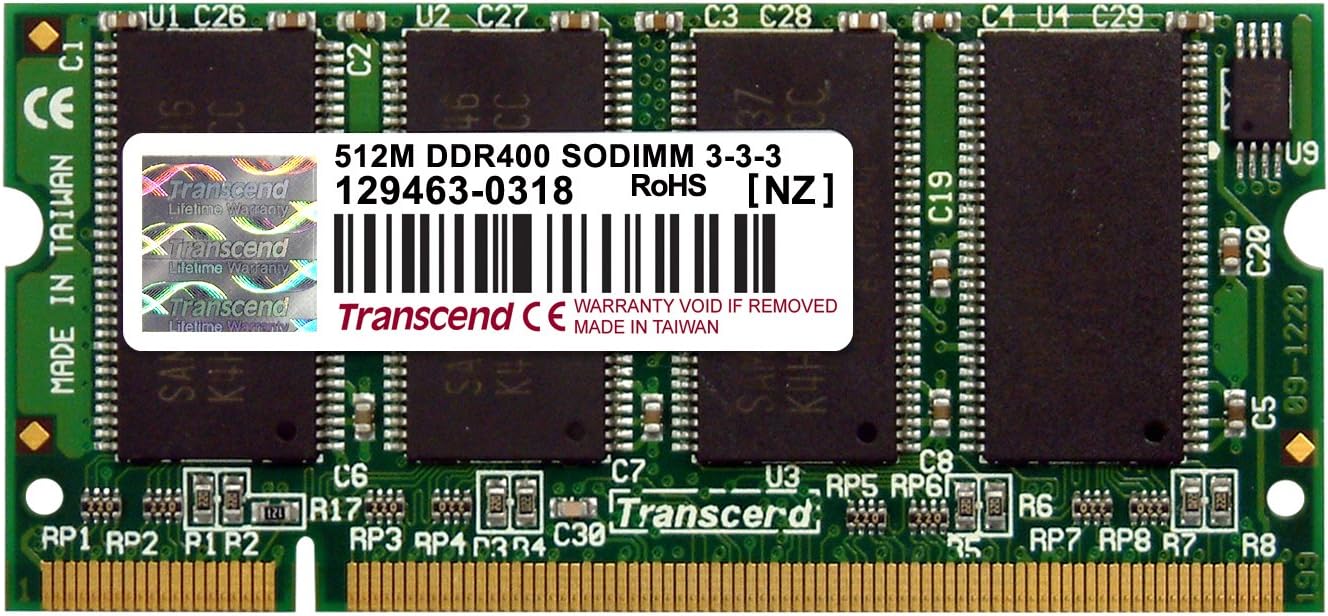 Transcend - Mémoire sans tampon DDR - 512 Mo - SO DIMM 200 broches - 400 MHz / PC3200 - CL3 - 2.6 V - Non ECC