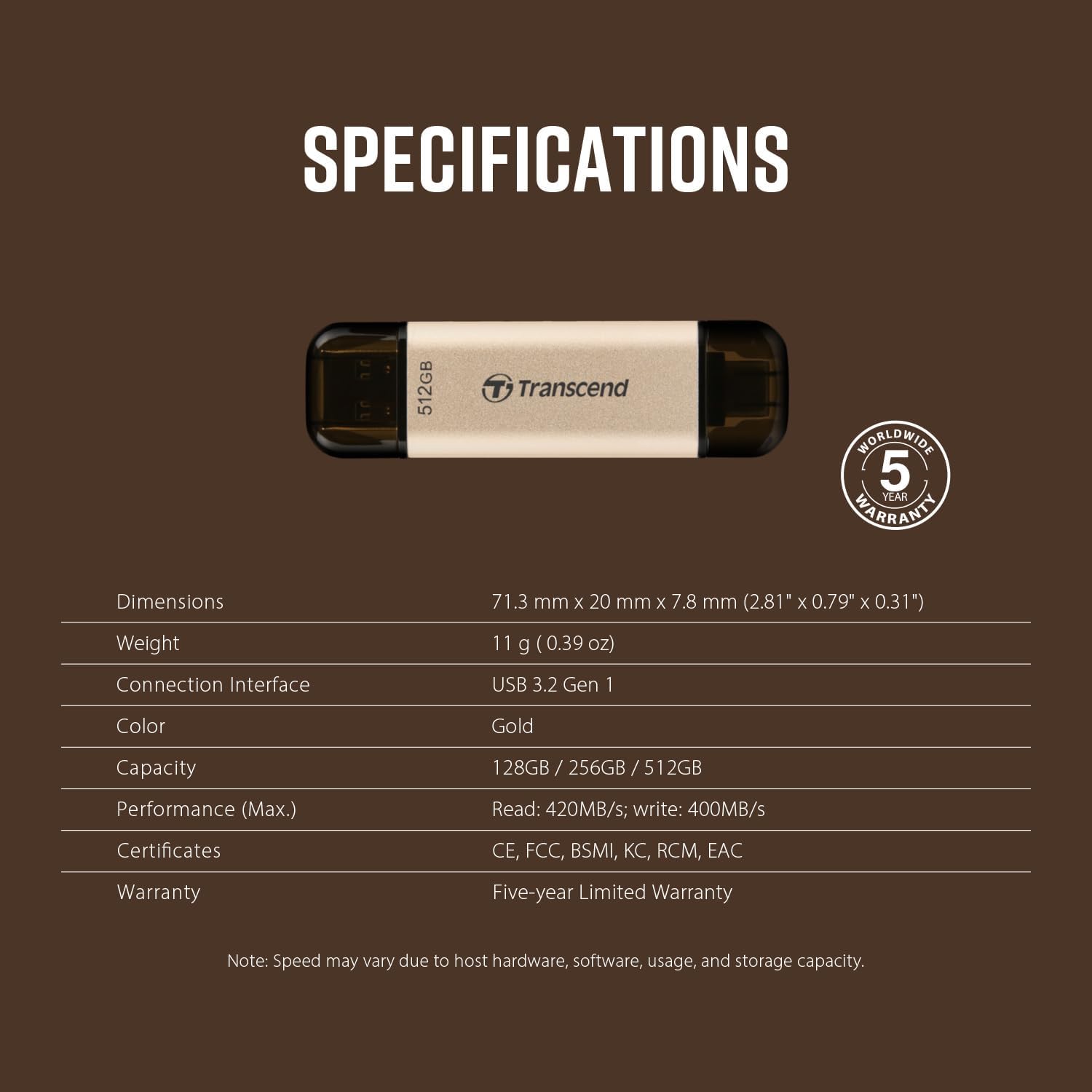 Transcend Clé USB JetFlash 930C 128GB USB 3.2 Gen 1, rose doré - TS128GJF930C