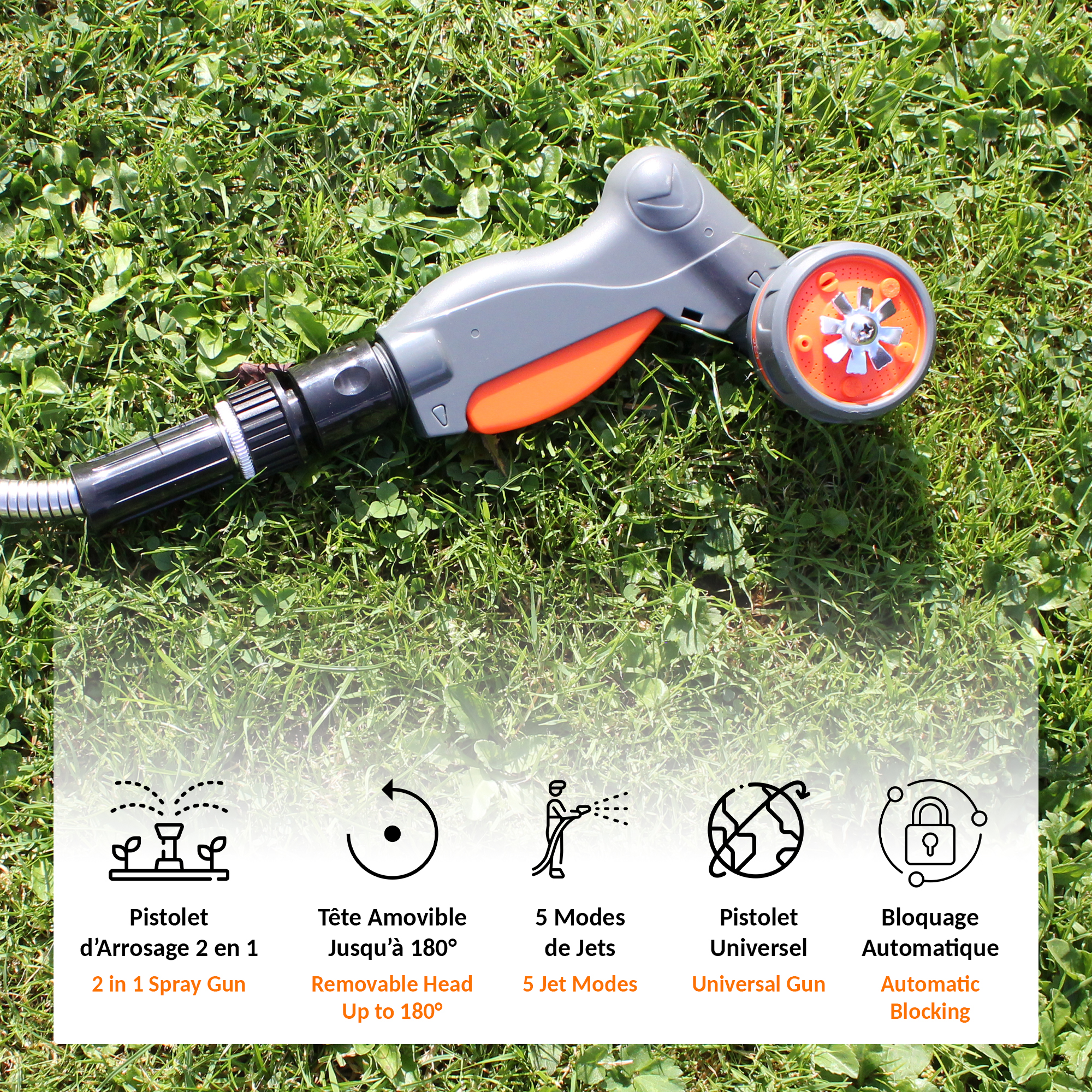 Pistolet d'arrosage FISHTEC 2 en 1 - 5 formes de Jets - Tête Rotative