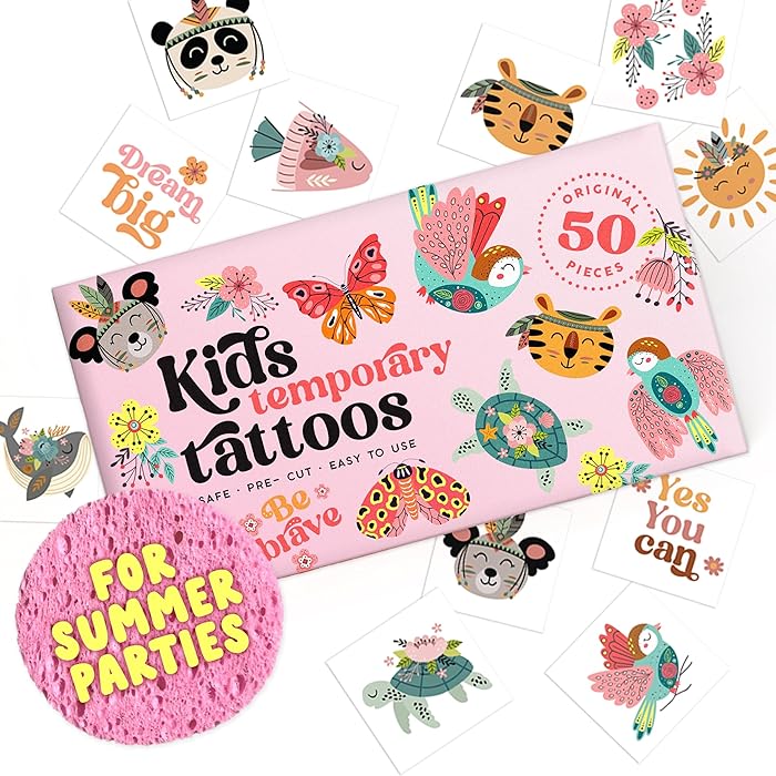 Tatouages temporaires pour enfants - fabriqués en Europe Hypoallergéniques, prédécoupes, 50 pcs Tatouages pour enfants d'origine, dessins et modèles