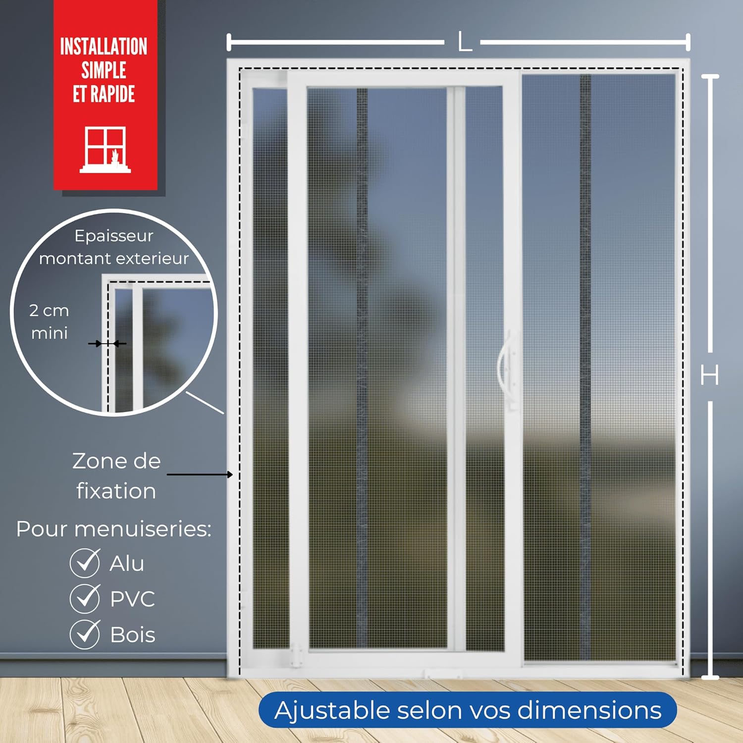 MOUSTIQUAIRE AJUSTABLE BAIE VITREE 2 OUVERTURE (L180 - H216/224)