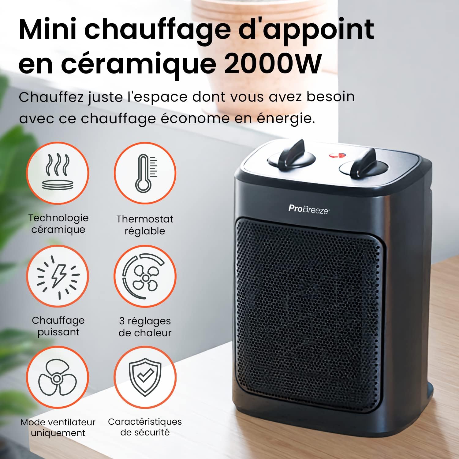 ro Breeze Mini Radiateur Céramique 2000 W - 3 Niveaux de Puissance - Chauffage d'appoint Compact pour bureau, chambre, salon - Noir