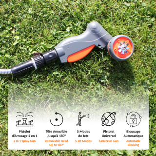 Pistolet d'arrosage FISHTEC 2 en 1 - 5 formes de Jets - Tête Rotative