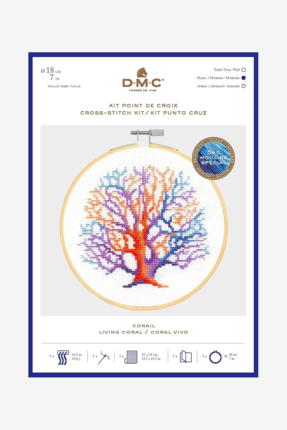 Kit de point de croix de corail coloré DMC, comprenant cerceau en bois, filetage de broderie de coton brin, 5,5 pts/cm d'aide blanche, aiguille, instructions