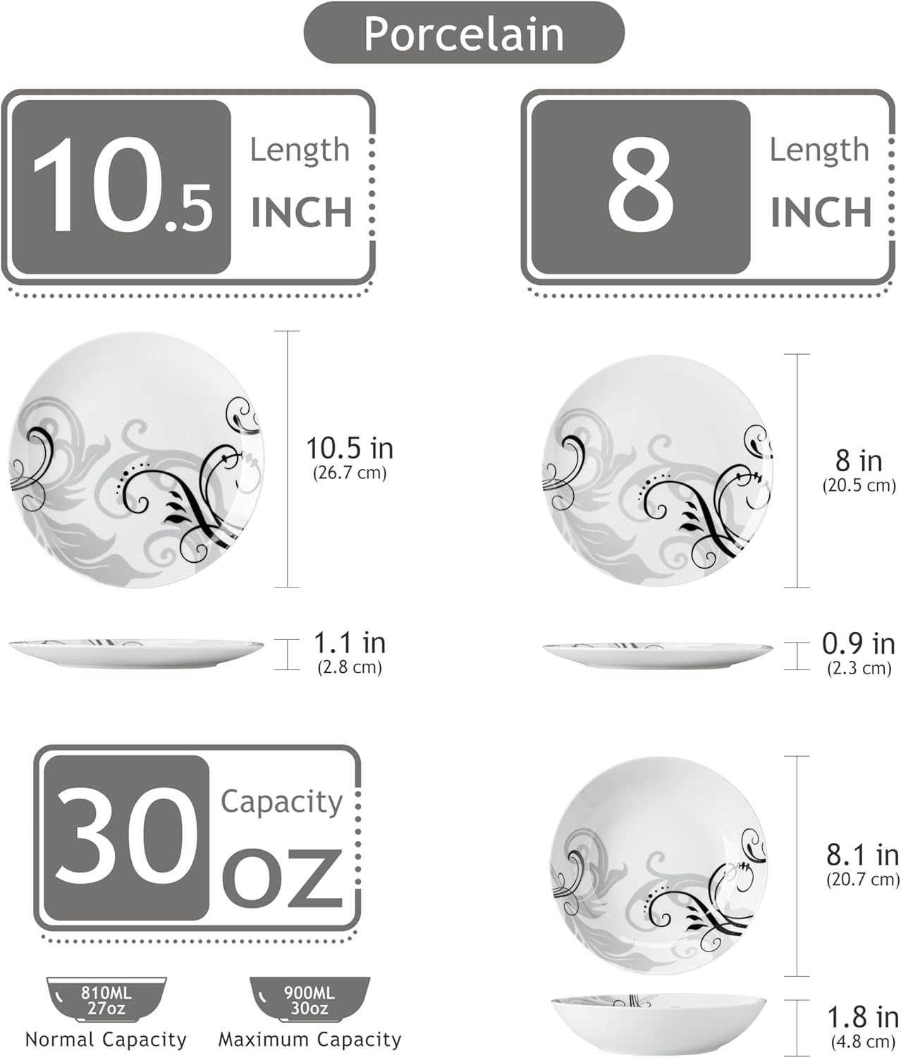 Service de table rond en porcelaine 18 pièces pour 6 personnes VEWEET ZOEY