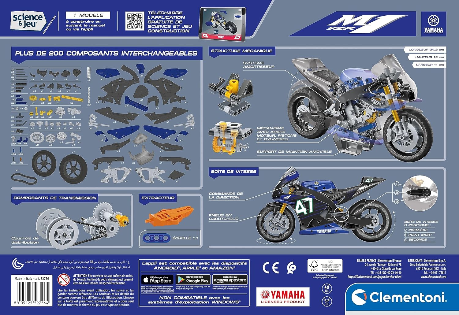 Clementoni - Coffret de construction Yamaha M1 - Application disponible - Fabriqué en Italie