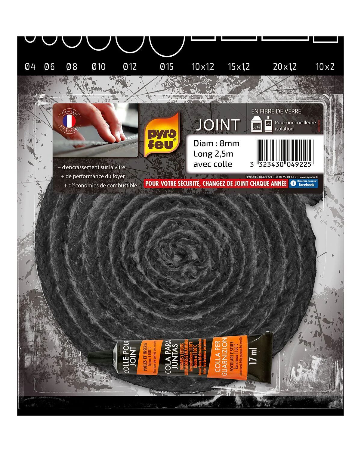 Joint noir Pyrofeu Ø 8 mm x 2,50 m avec tube de colle