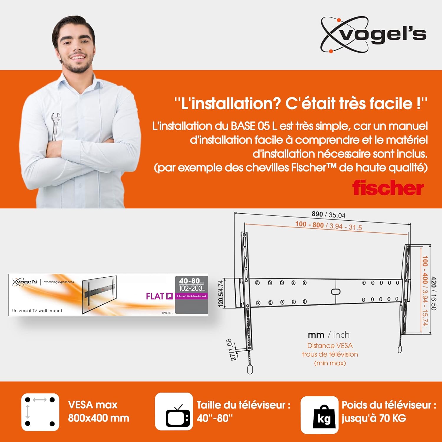 Support mural TV fixe Vogel’s Base 05 L pour écrans XL 40 à 80 pouces