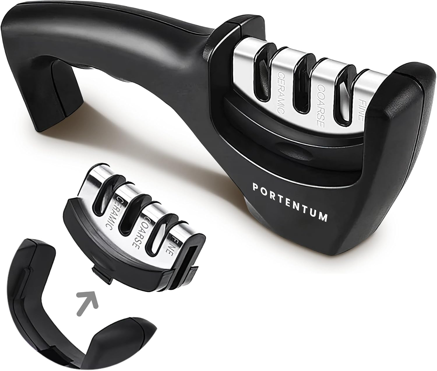  PORTENTUM Aiguiseur couteaux professionnel manuel pour couteaux de cuisine 3 phases - Affuteur de couteaux avec design ergonomique avec finition noire/chromée