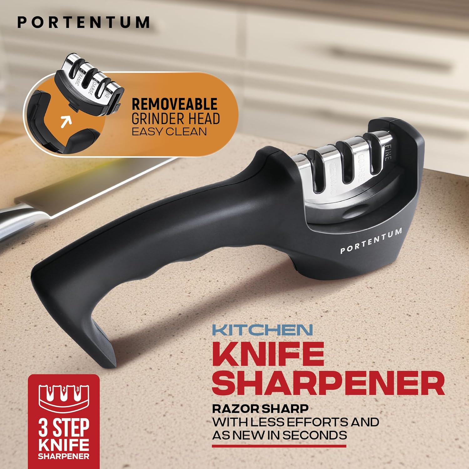  PORTENTUM Aiguiseur couteaux professionnel manuel pour couteaux de cuisine 3 phases - Affuteur de couteaux avec design ergonomique avec finition noire/chromée