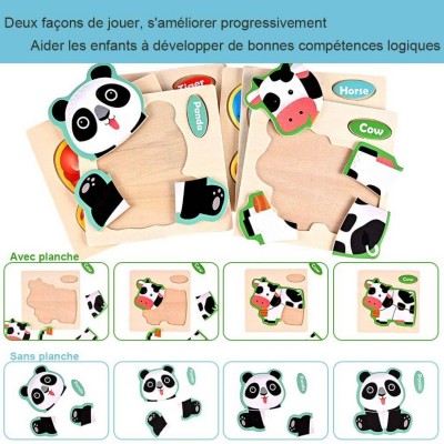 Faburo 16PCS Puzzles Animaux en Bois, Bébé Puzzle à Encastrements, Jouets Montessori Educatif Apprentissage pour Enfant 2 3 4 5 Ans