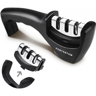  PORTENTUM Aiguiseur couteaux professionnel manuel pour couteaux de cuisine 3 phases - Affuteur de couteaux avec design ergonomique avec finition noire/chromée